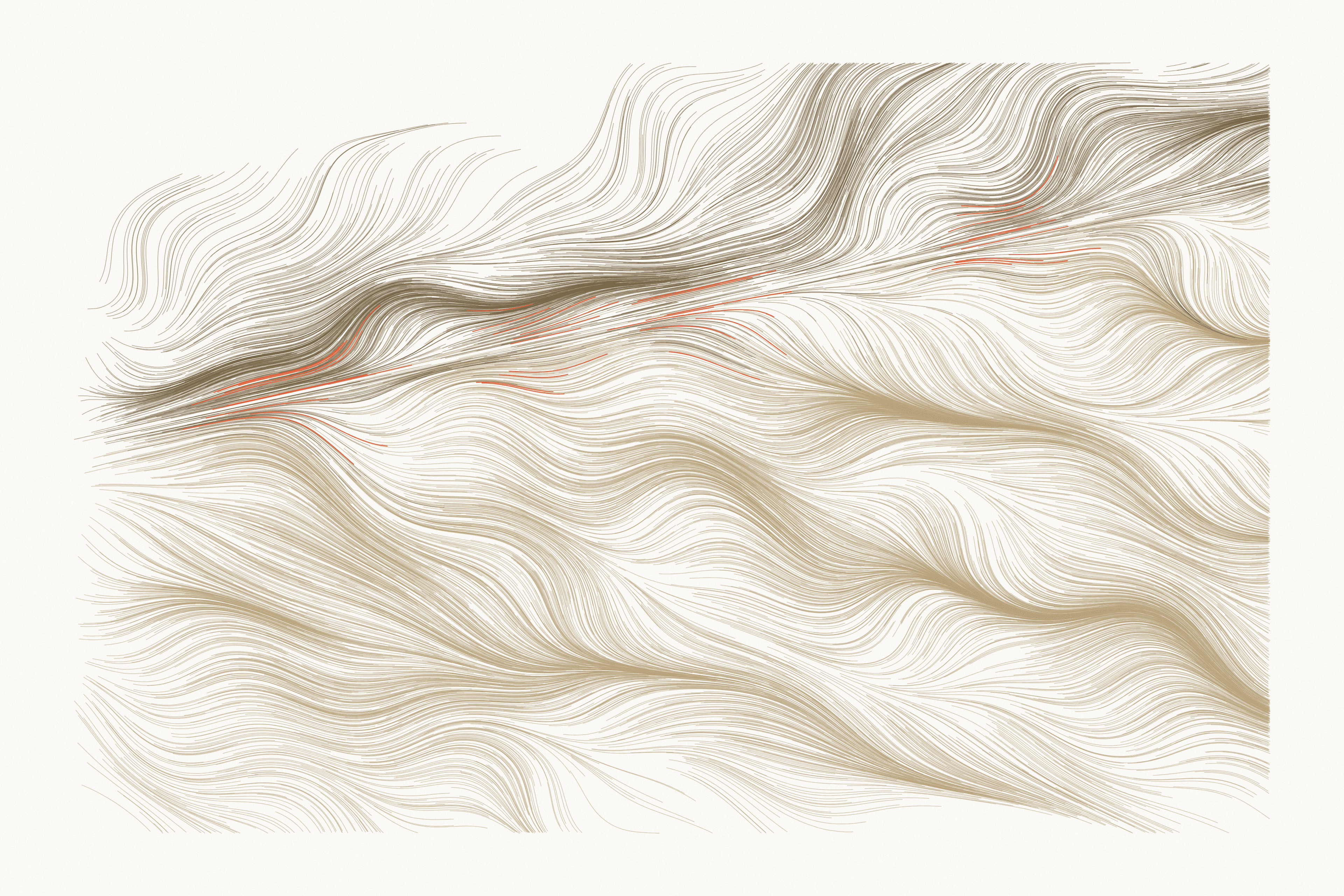 Thousands of fine sand-colored lines flow left to right. Along a fault rising from left to right, a darker upper band lifts away while the broad lower mass bends downward, with a few orange strands along the fault.