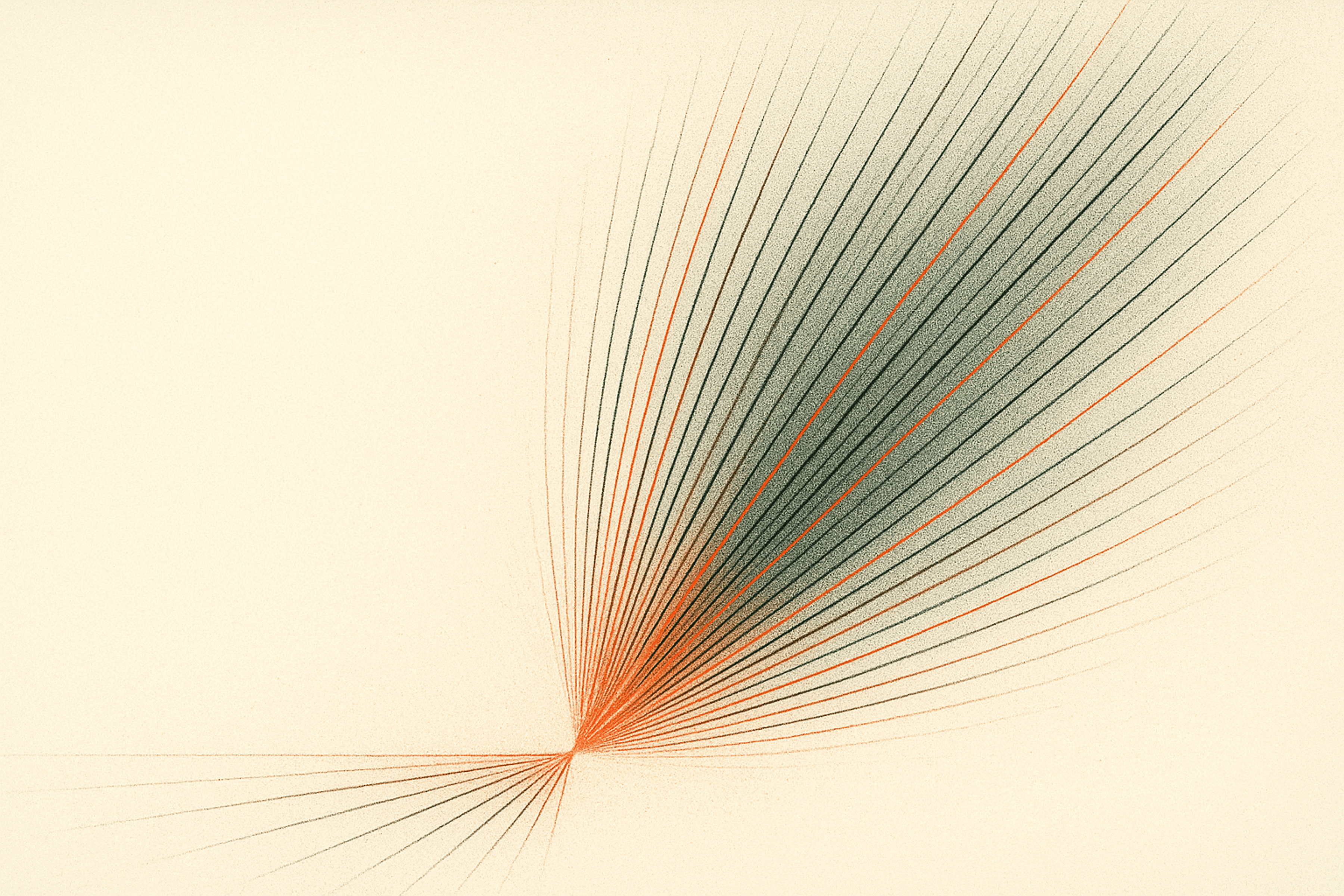 Dozens of fine black, orange, green, and red lines rise and fan outward from a narrow point into a wide band across an off-white field.