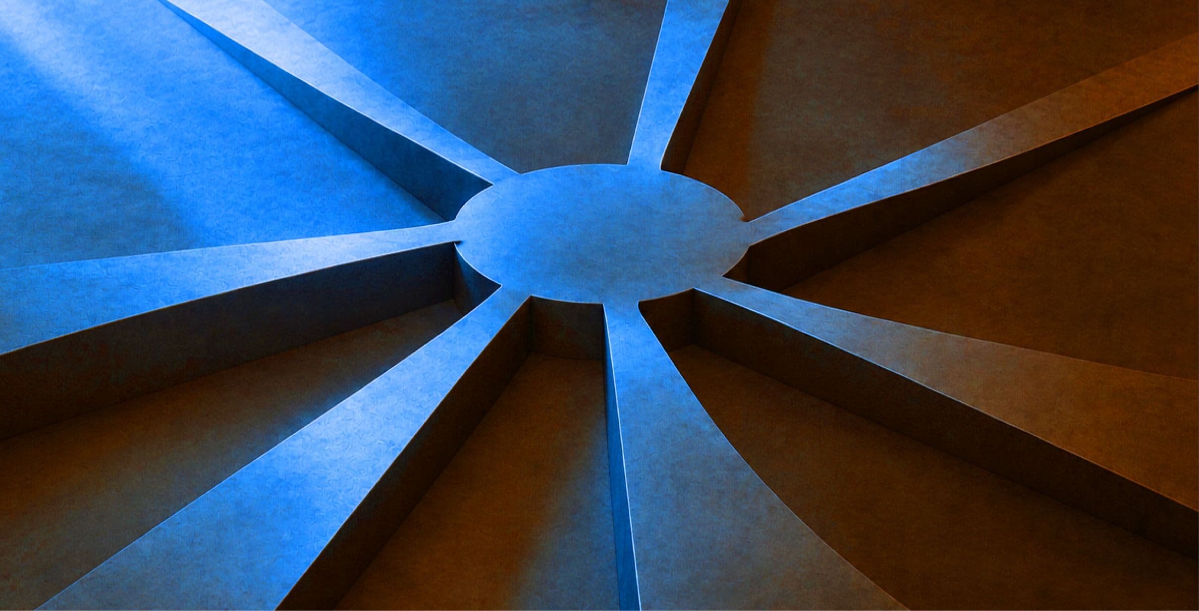 Blue and copper folds radiating from a central disc