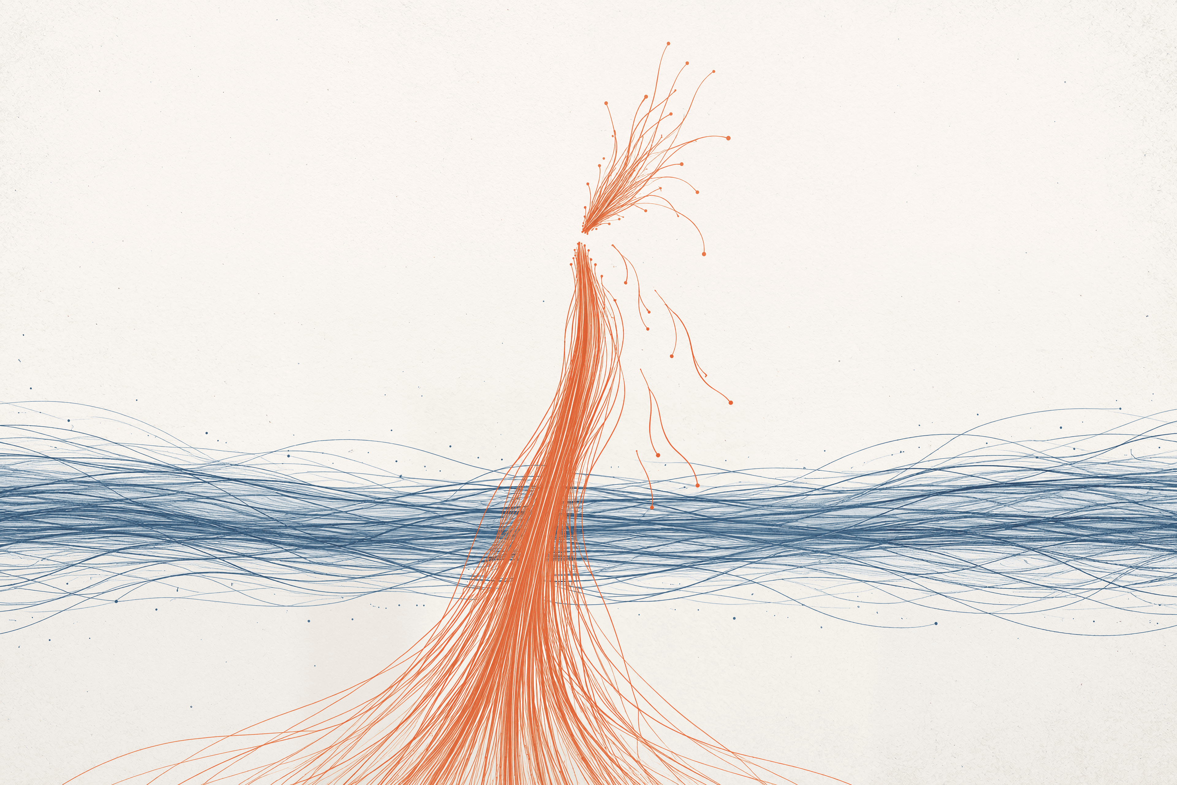 A tall orange bundle of fine lines snaps into fraying strands above a continuous horizontal band of slate-blue and deep-slate lines on warm off-white paper.