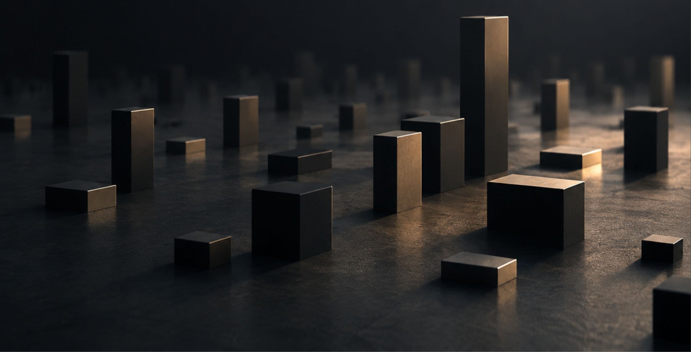 Dark bronze blocks of different heights standing on a reflective floor