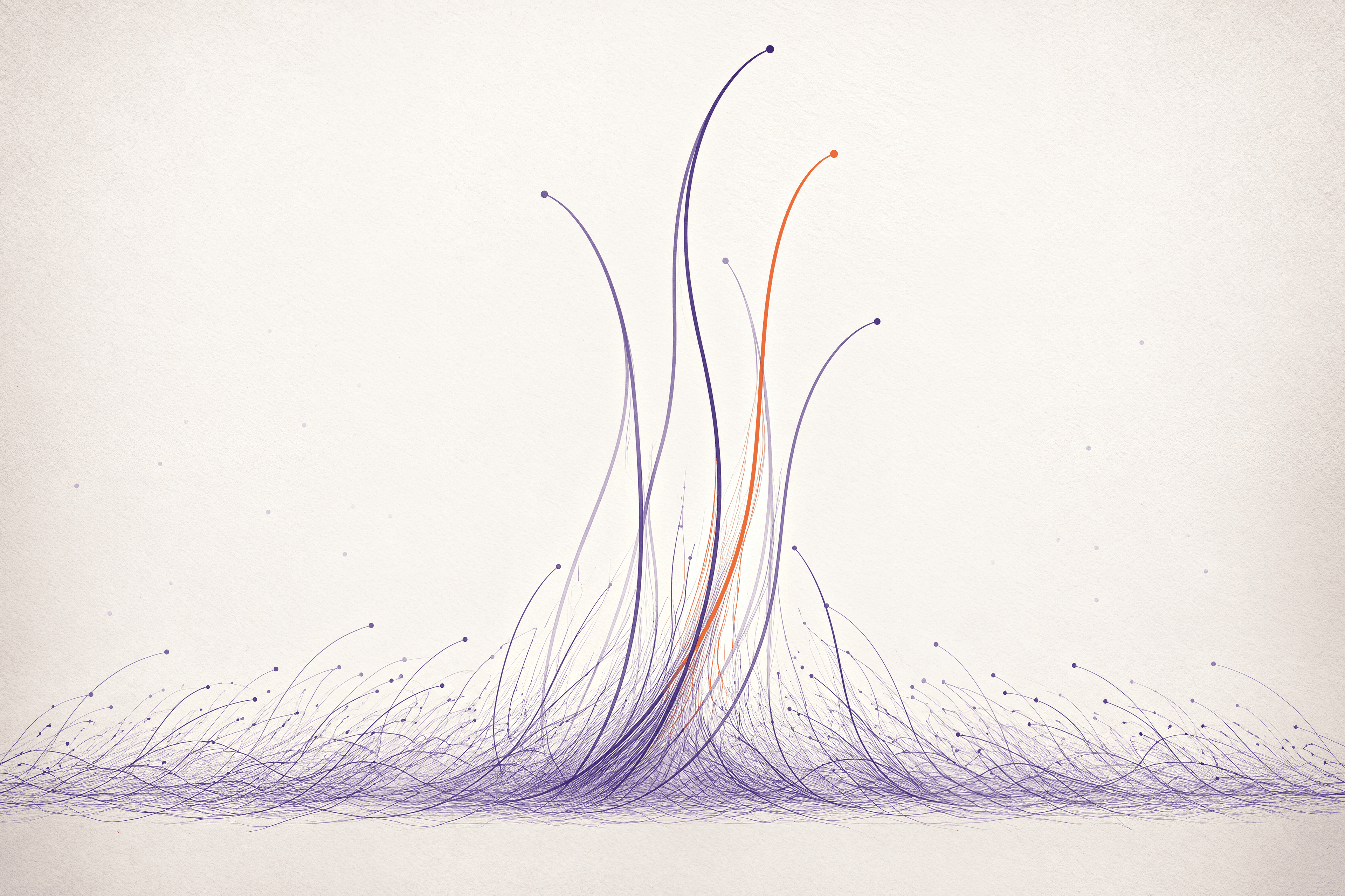 A few tall deep-lilac and orange filaments rise above a wide, low field of fine lilac strands on warm off-white paper.