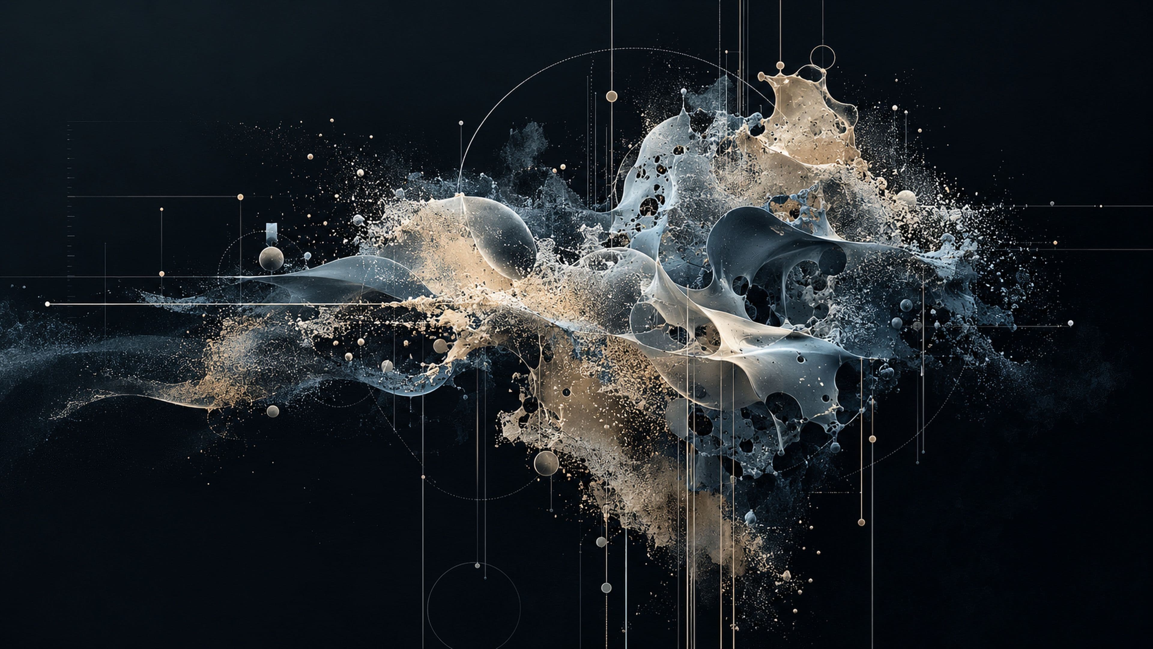A burst of pale gold and blue-gray liquid and particles erupts across a dark field threaded with fine lines