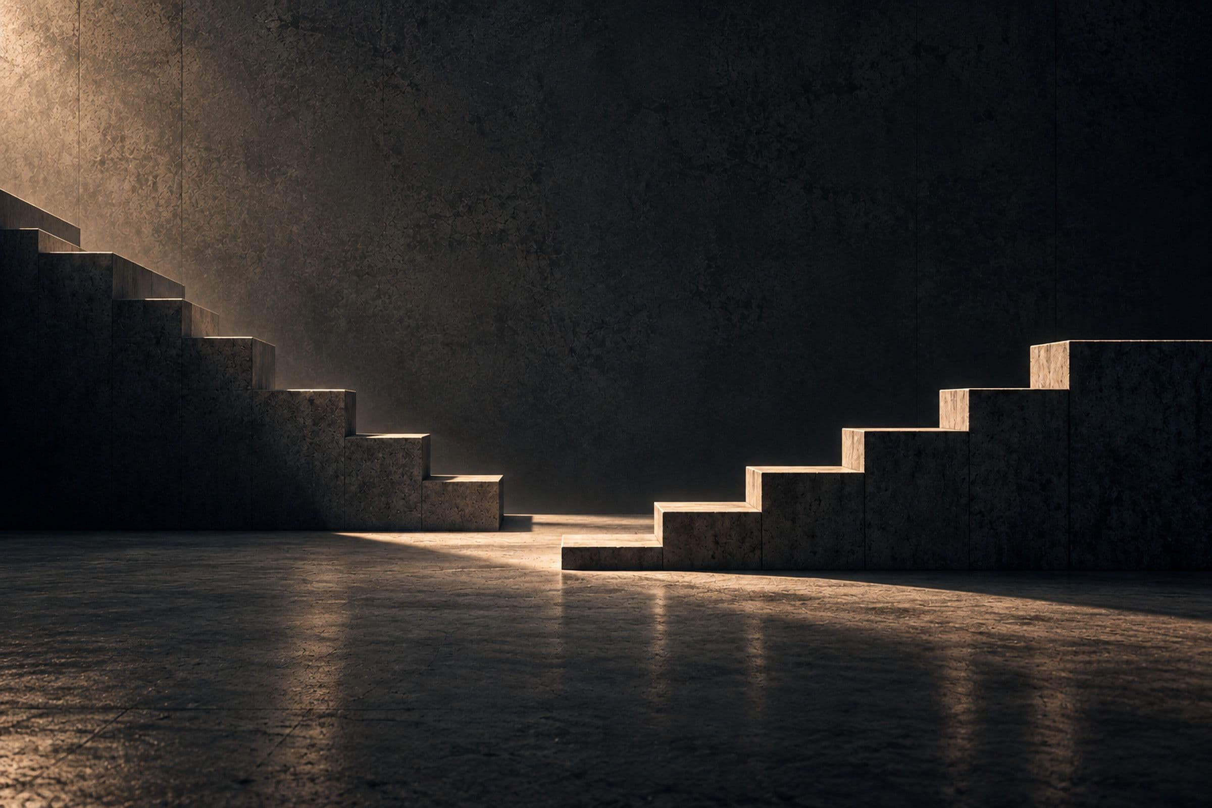 Two opposing stone staircases in a dark concrete room, lit by a warm shaft of light
