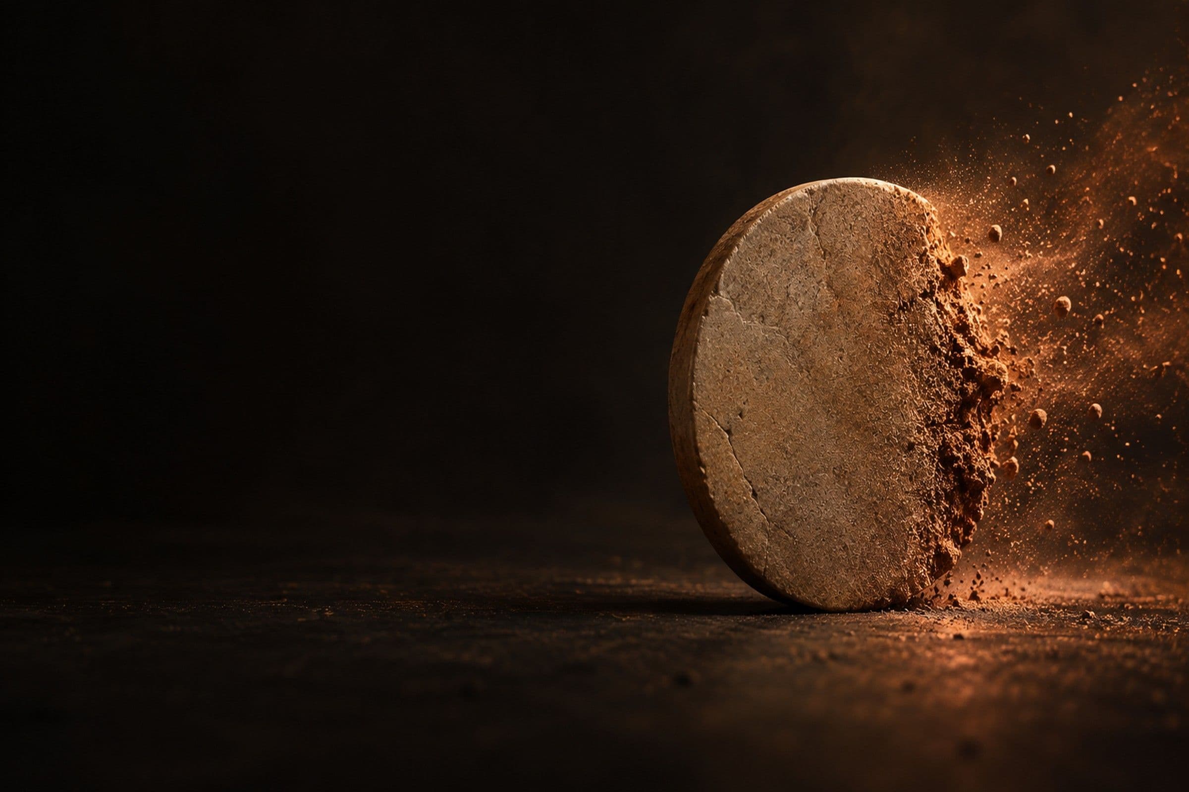A blank sandstone disc erodes into drifting copper-colored dust against a dark ground