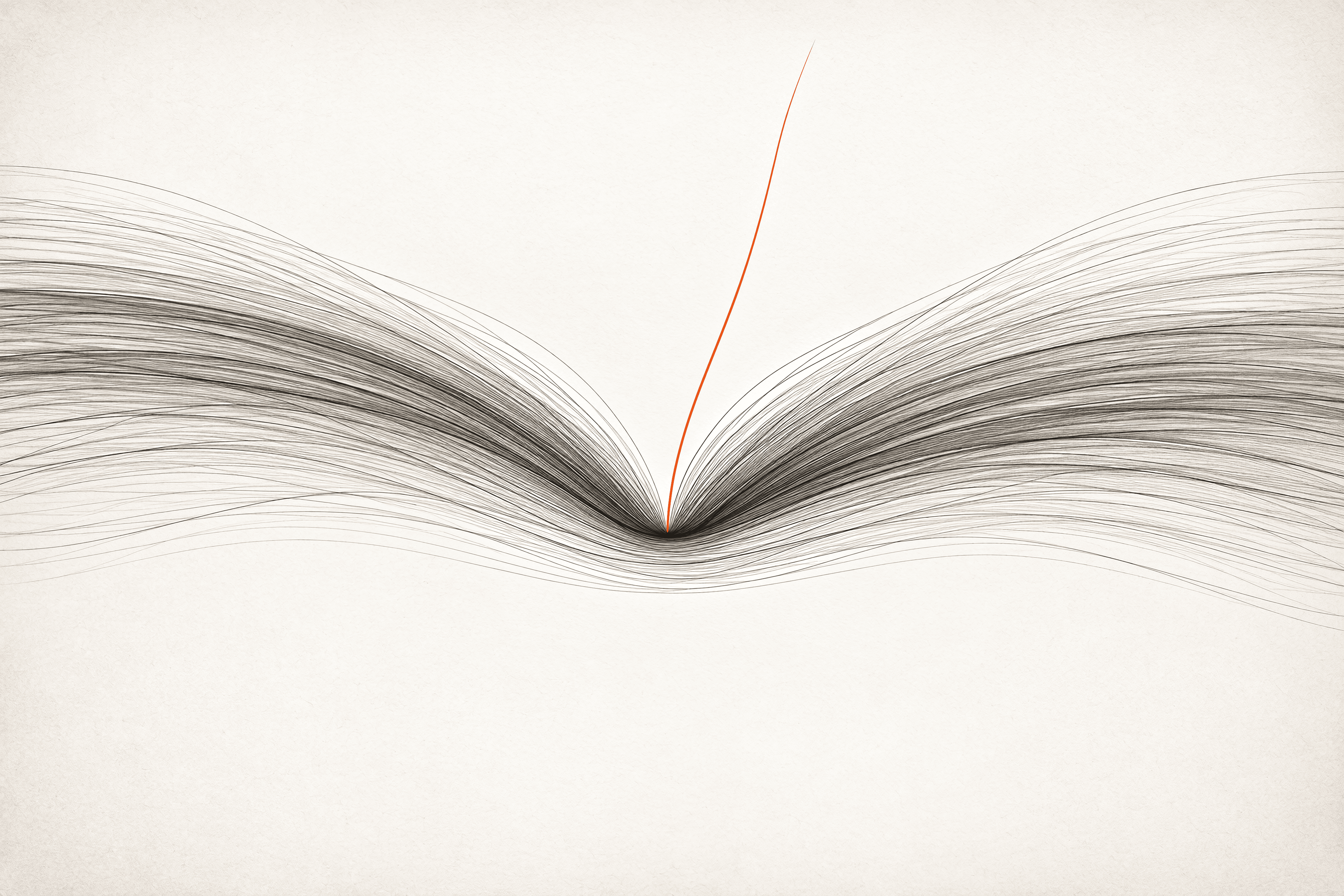 A broad band of fine warm-grey lines bows downward into a tight central pinch, with one thin orange strand rising steeply from it on off-white paper.