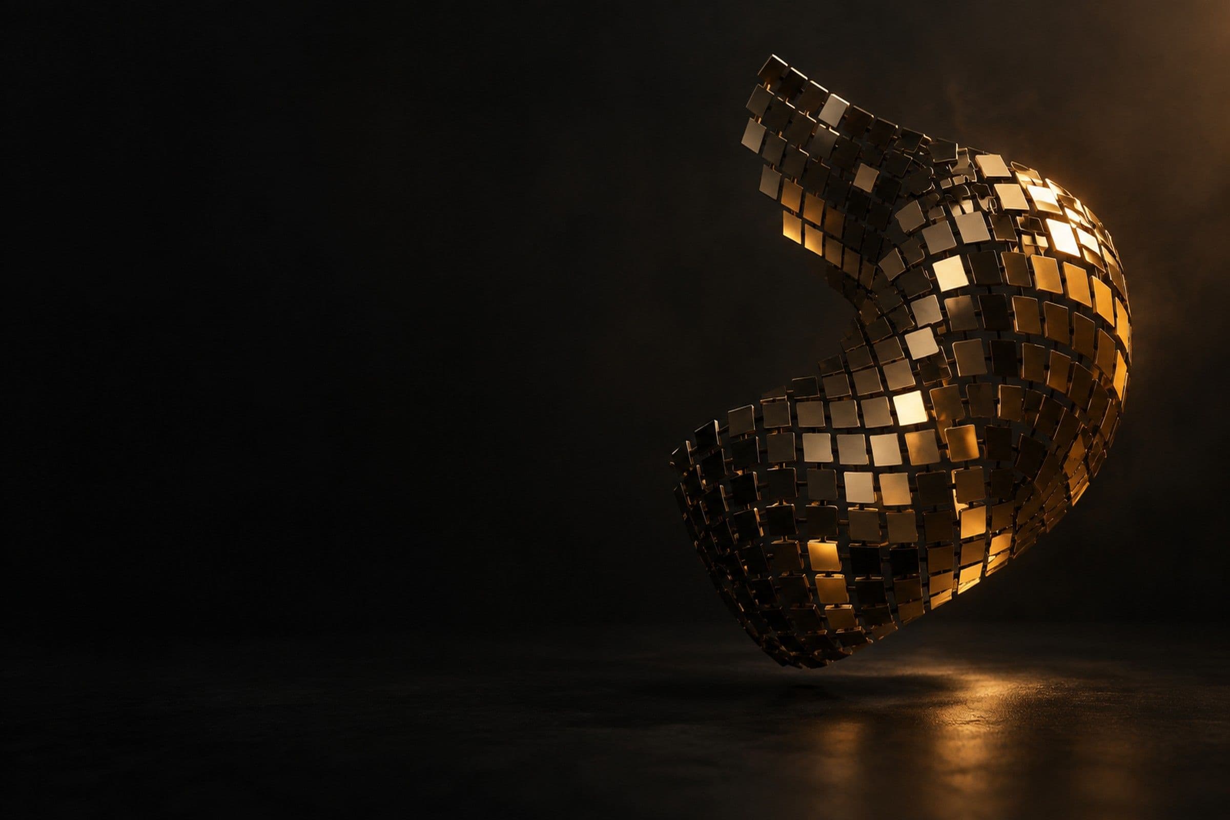 A sculptural cluster of tilted dark mirror tiles reflects varied shades of warm gold