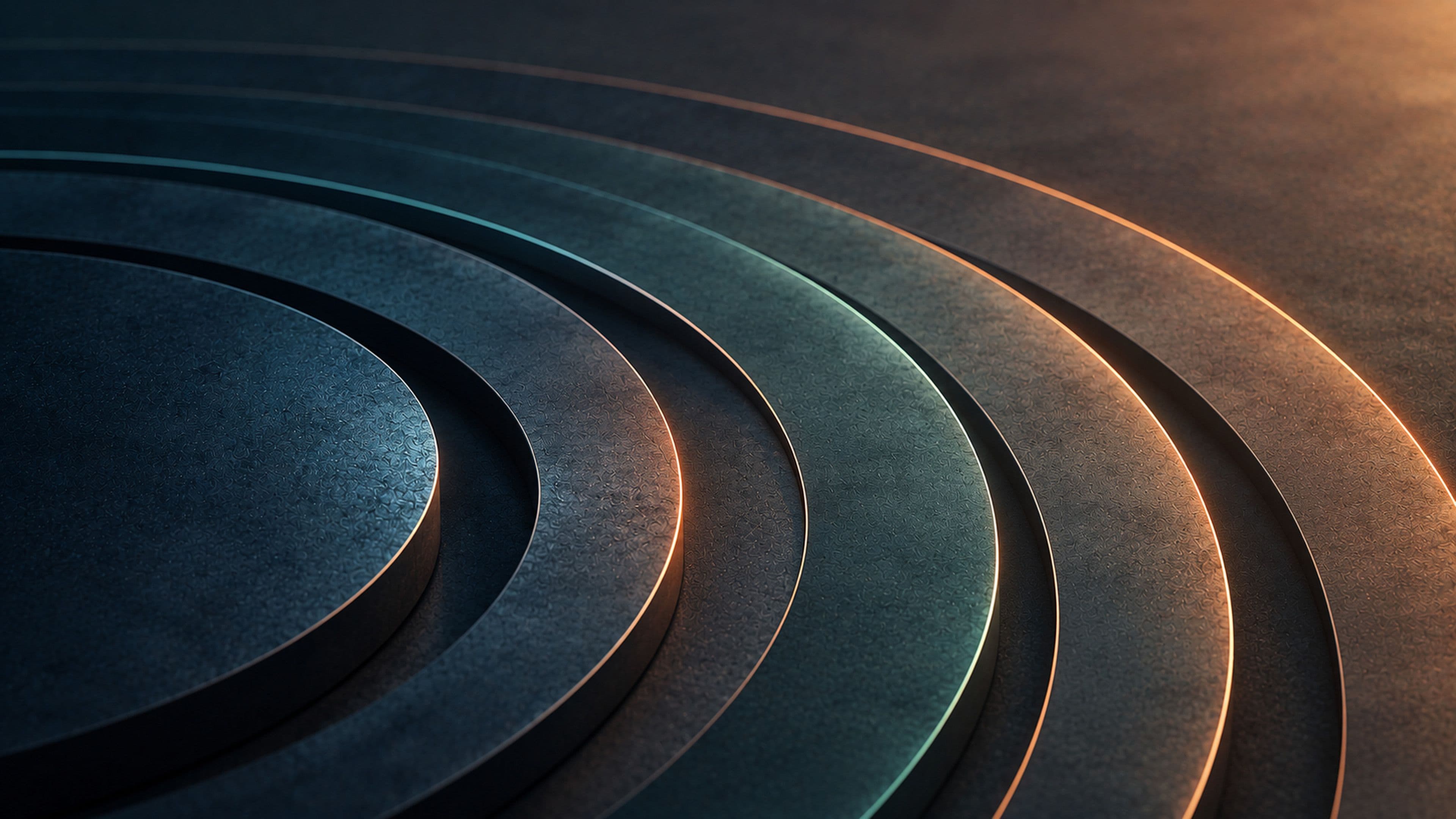Concentric stone rings step down into darkness, their edges lit in teal and copper