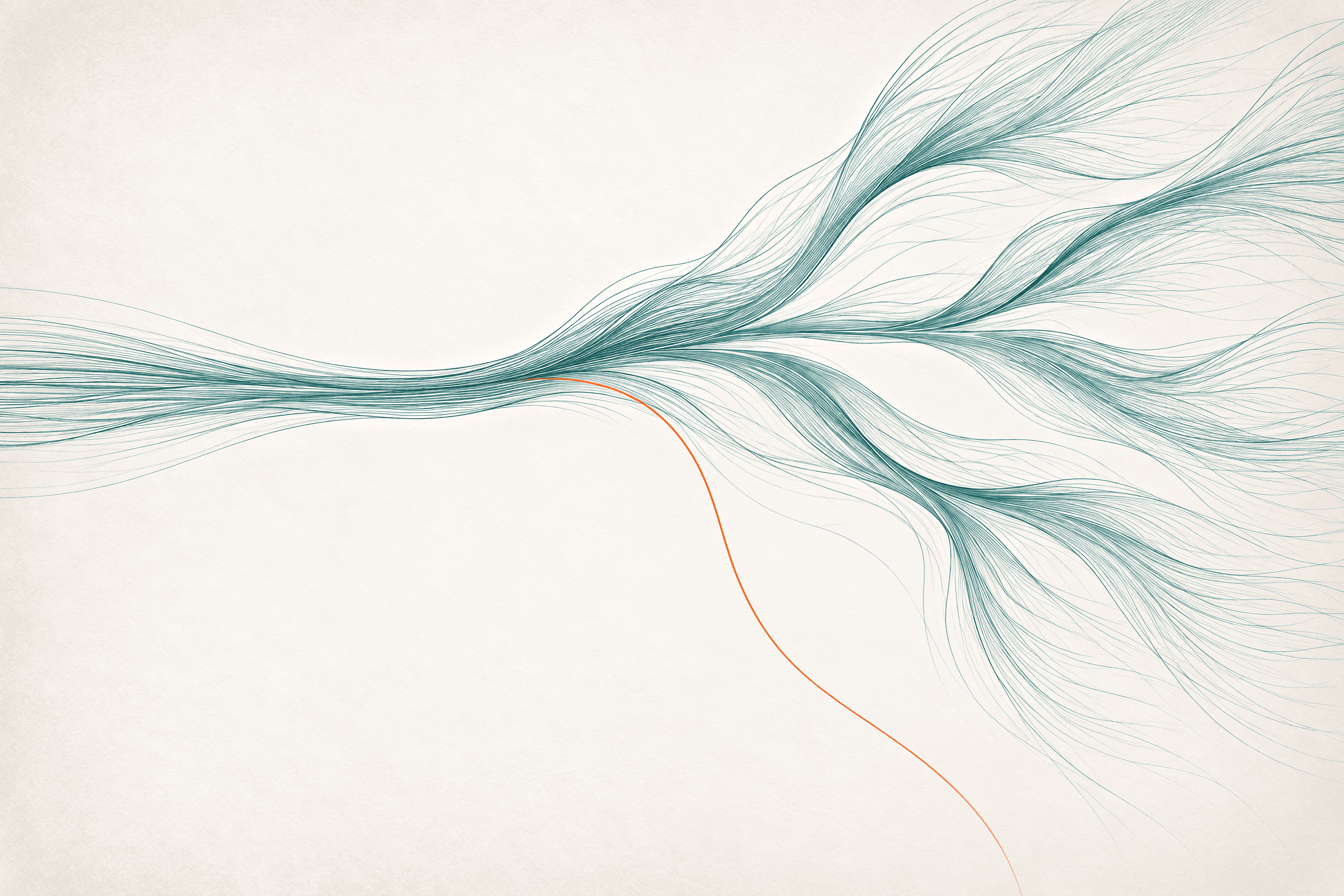 Fine teal and deep-teal lines flow from the left into branching streams across warm off-white paper, while one orange strand curves downward and fades off the bottom.