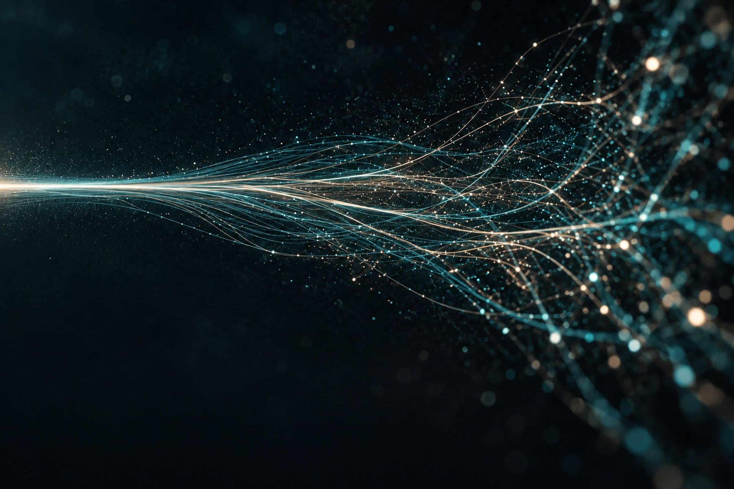 Fine teal and pale-gold strands spread across the right and converge into a bright line on the left