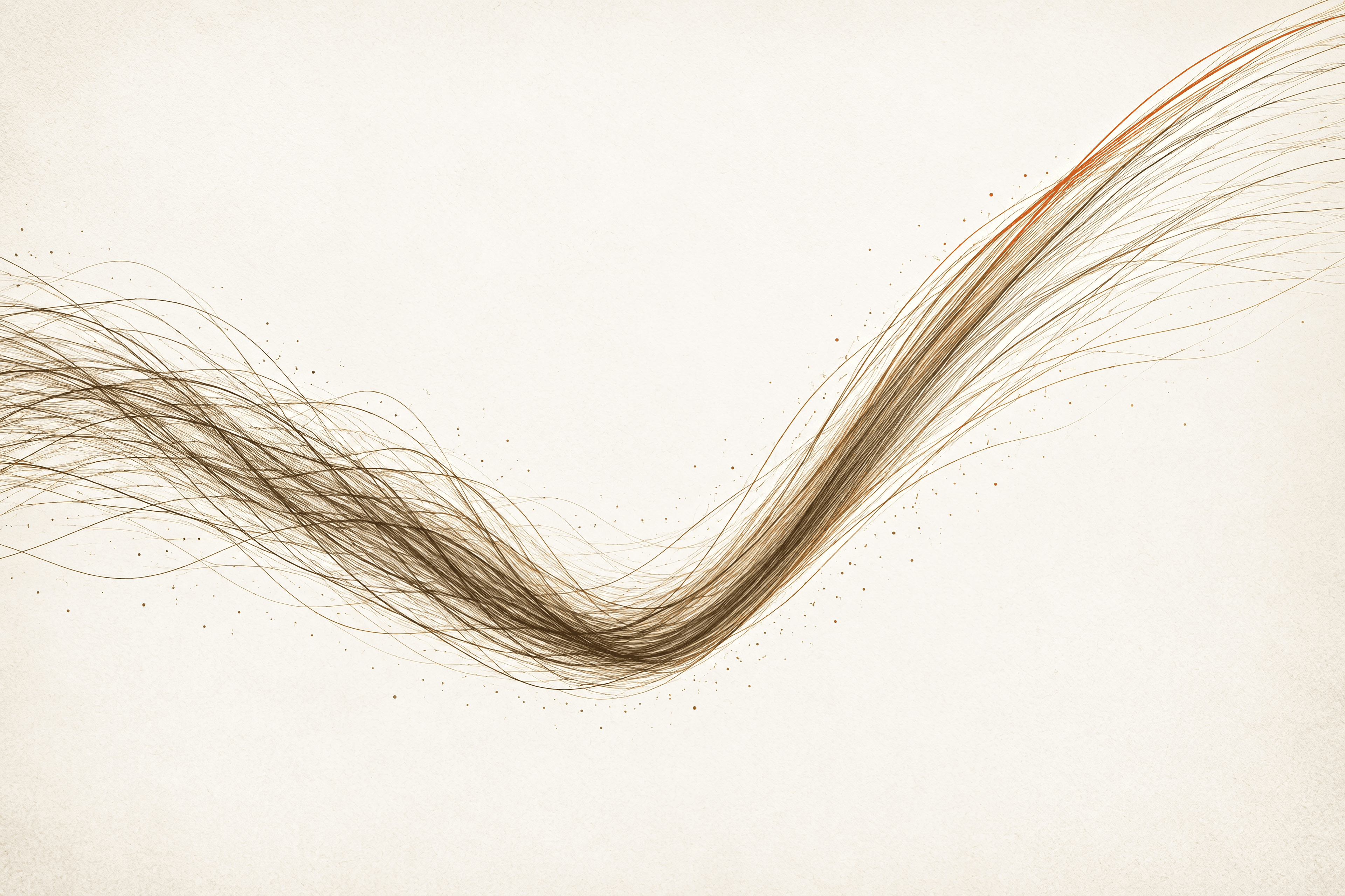 A dense bundle of fine sand and dark ochre lines curves downward just left of centre, then sweeps steeply upward to the right, with a few orange strands along its upper edge on warm off-white paper.
