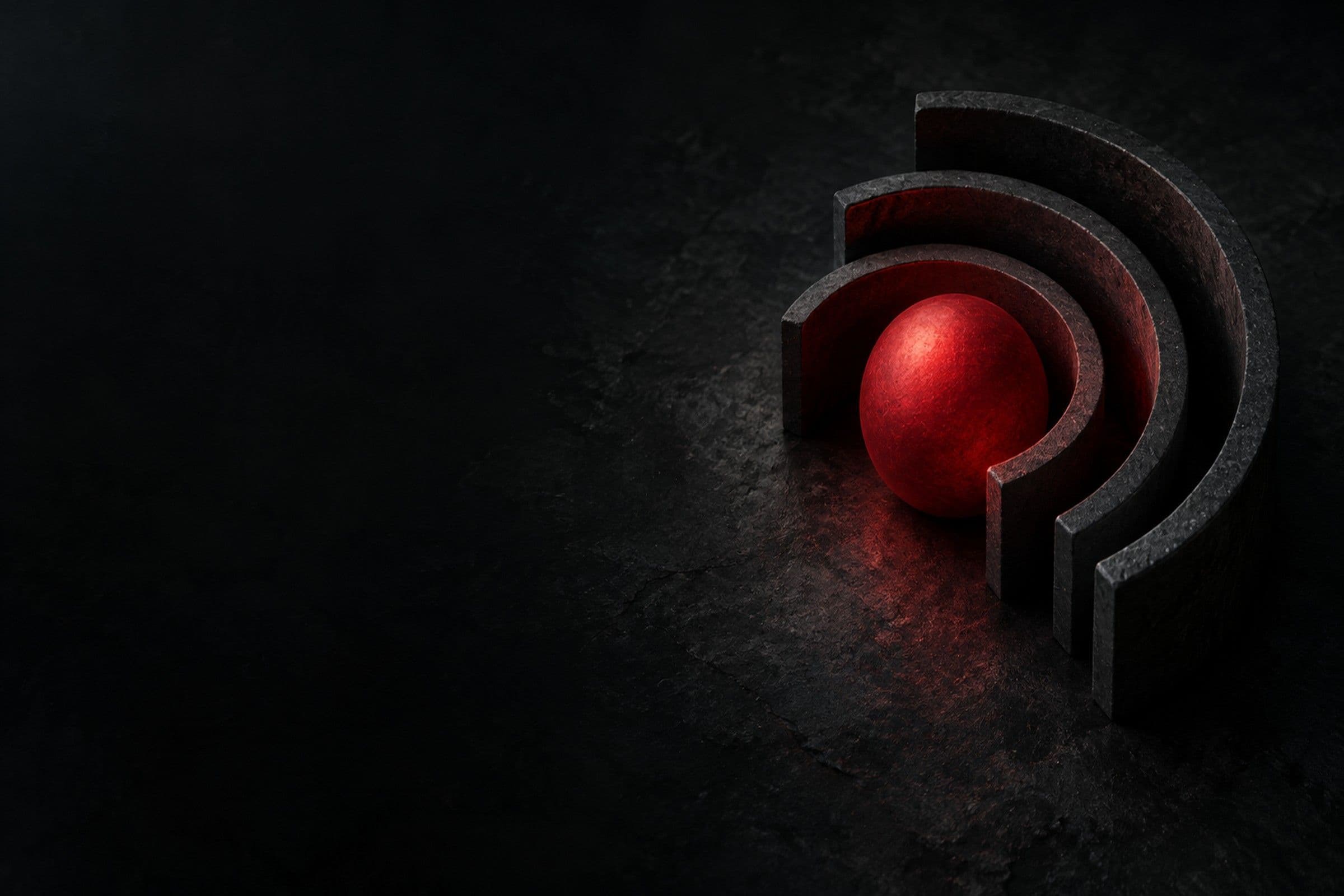 A deep-crimson sphere glows inside concentric protective walls of dark stone